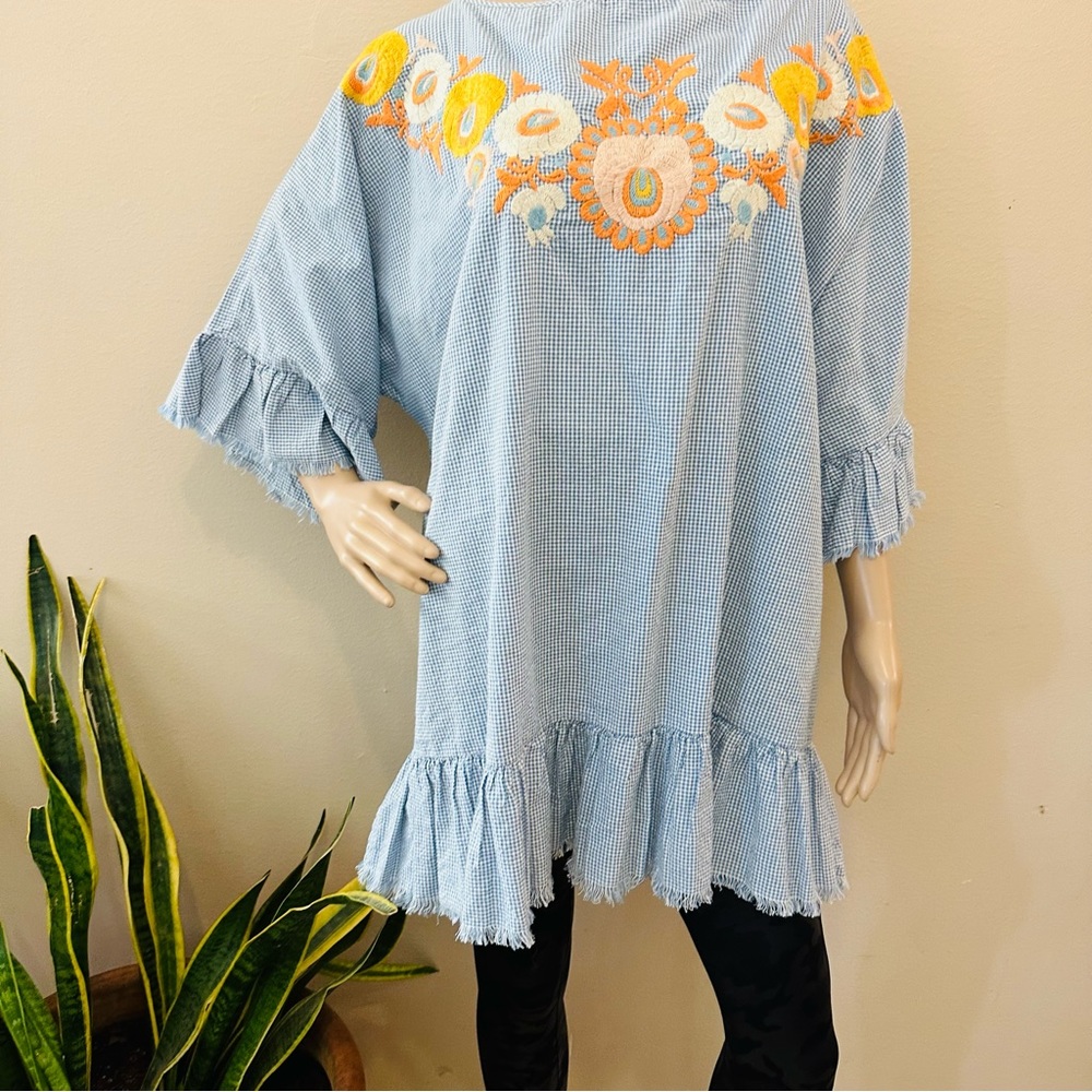 ZARA embroidered blue gingham tunic oversized  Sz M